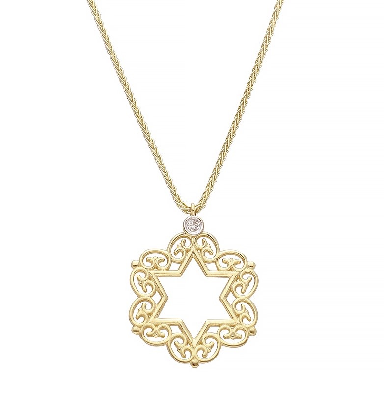 תליון מגן דוד סרוג עם יהלום ושרשרת - זהב